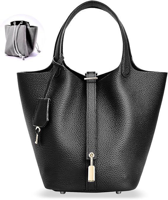 Designer Leather Bucket Bags for Women: Trendy Genuine Leather Tote Purses - Best Luxury Satchel Ladies Top-Handle Handbags for Traver & Work(Black)