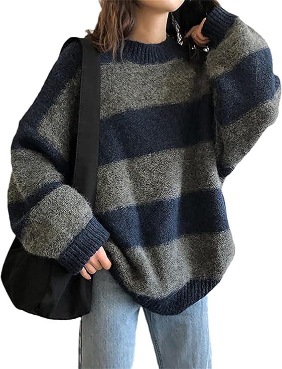 Winter 90s Grunge Aesthetic Streetwear Sweater Retro Y2k Vintage Gothic Loose Women Knit Pullover Striped Jumper