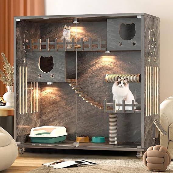 Enclosed Cat Condo, Large Space Cat Cage with Scratching Post, Wooden Indoor/Outdoor Cat Enclosure, Multi-Feature Cat Houses Ventilation Glass Doors, 50" X 48" X 24" (Grey, 50" X 48" X 24")