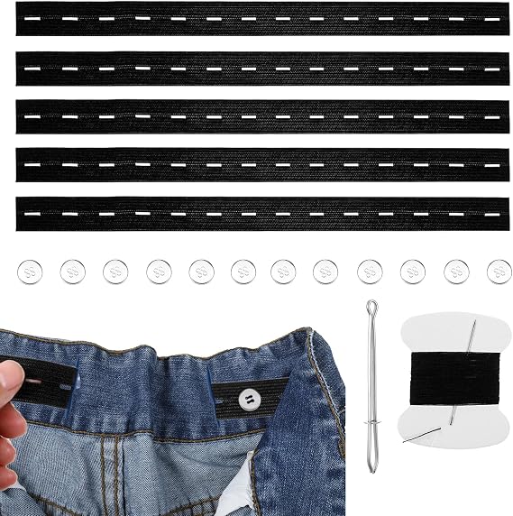 6 Pcs Adjustable Elastic Jean Waist Tightener Tool, Waist Tightener for Pants Women, Kids Pants Waist Extender, Pants Button Tightener with 12 Buttons, 1 Sewing Kit &1 Thread Hook (Black)