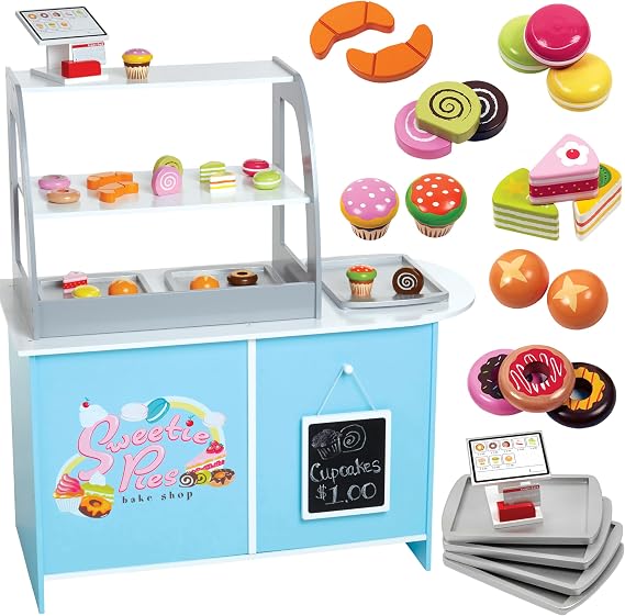 Wooden Bakery Playset Pretend Stand for Kids- 25 pc Bake Shop Cafe Counter