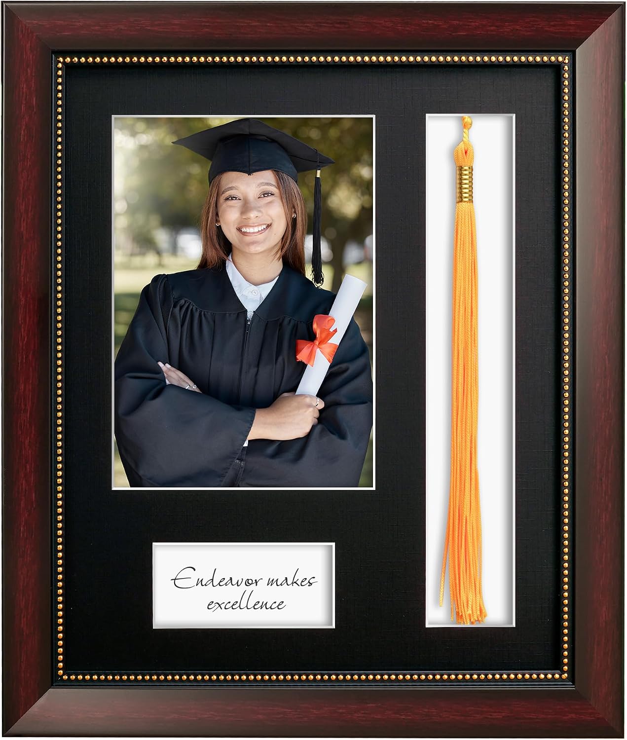 Graduate Frame with Tassel Holder, Graduation Party Gift and Keepsake, Tempered Real Glass, Display 5x7 graduate Photo with Black Linen Textured Mat, Mahogany Frame with Gold Beads Embossing