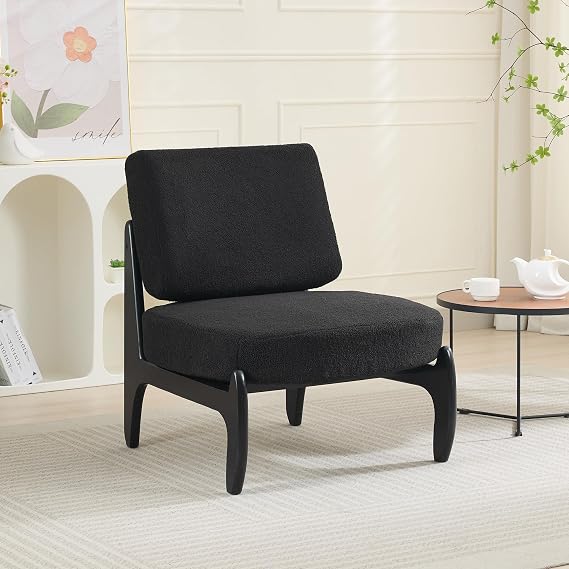 Okeysen Mid-Century Accent Chair, Modern Armless Lounge Chair with Black Teddy Fabric and Solid Wood Legs, Comfy Slipper Chair for Living Room, Bedroom, Balcony