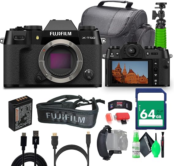 Fujifilm X-T50 Mirrorless Digital Camera Body Bundle with 64GB SF-M Tough UHS-II SDXC Memory Card + Vlogging Tripod + Greens Lens Cleaning Kit + Micro HDMI Cable + More Accessories (Black)