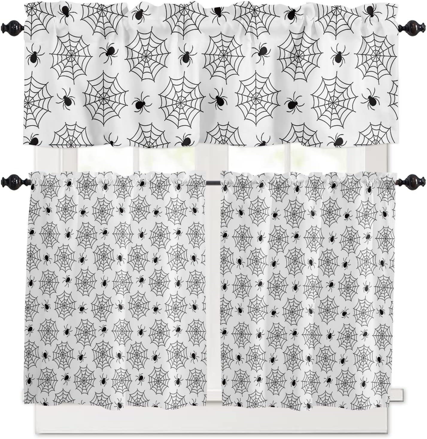 Kitchen Curtains Set, Black White Spider Web Kitchen Curtains and Valances Set, Halloween White Rod Pocket Tier Curtains 24 Inch Length for CafeBedroom Windows