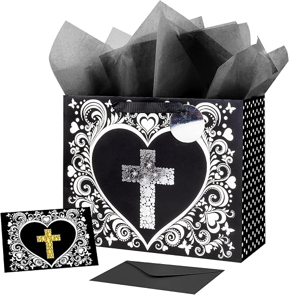 JWSCYSY 12.6" Large Black Gift Bag with Metallic Gold Floral Cross Design, Card and Tissue Paper for Baby Boy, Girl Baptisms, Christenings, First Communions Religious