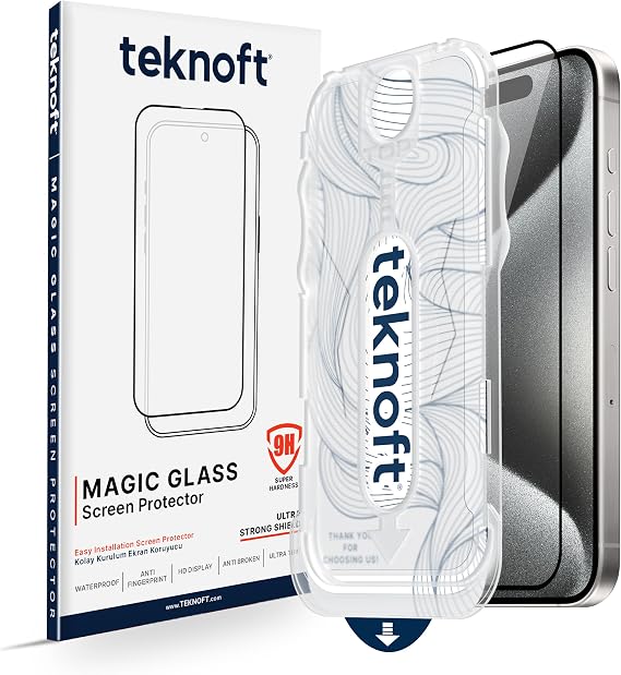 Teknoft iPhone 15 Pro için Kolay Kurulum Kitli Takılırken Camın Altında Kesinlikle Toz Bırakmayan Ekstra Güçlendirilmiş Tam Koruma Sağlayan Pürüzsüz Lazer Kesim Premium Ekran Koruyucu Kırılmaz Cam
