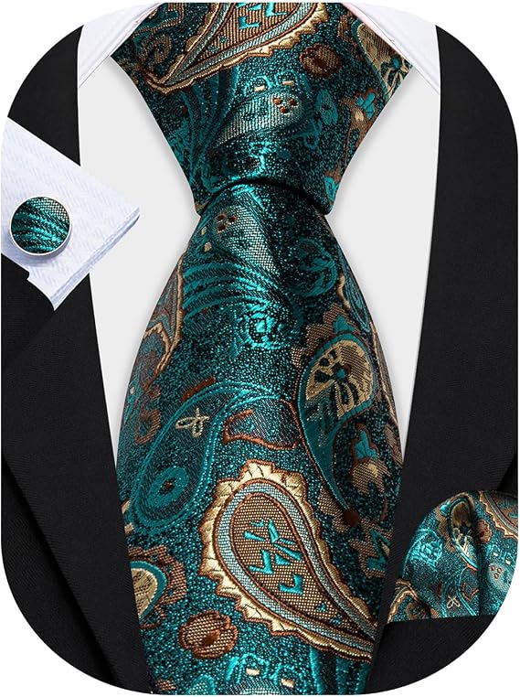 Barry.Wang Mens Tie Set Paisley Silk Necktie with Pocket Square Cufflinks