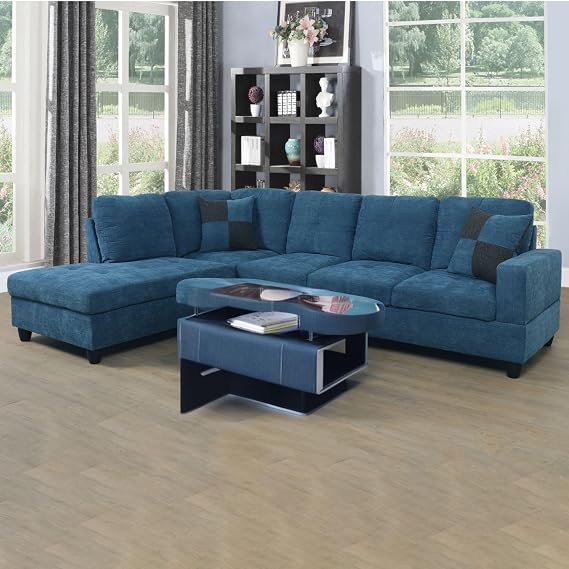 Sectional Couches for Living Room 2-Piece Modern Sectional Sofa with Left Chaise Classic L-Shape Sectional Couch Flannel Upholstered Sofa Couches for Living Room, Office, Blue