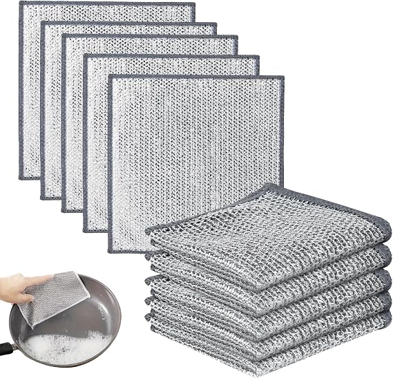 versatile mesh dishwashing cloths for both dry and wet use-10Pcs | Two-ply metallic thread structure; versatile household cleaning wipes; effortless dry wet grease removal option
