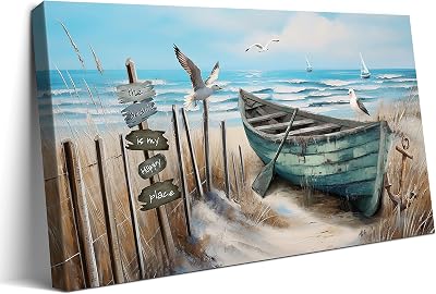 Beabalea Beach Coastal Decor Wall Art Nautical Landscape Canvas Pictures Wall Decor Painting Blue Ocean Seascape Theme Framed Artwork For Bathroom Bedroom Living Room Home Office Decoration 20X40