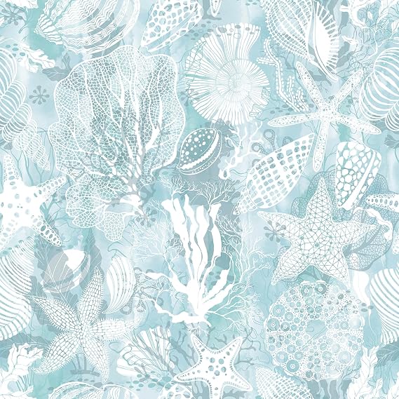 Livelynine 17.5x276 Blue Coastal Wallpaper Peel and Stick Self Adhesive Contact Paper Decorative Removable Light Blue and White Wallpaper for Bathroom Bedroom Walls Kids Room Under The Sea Shell