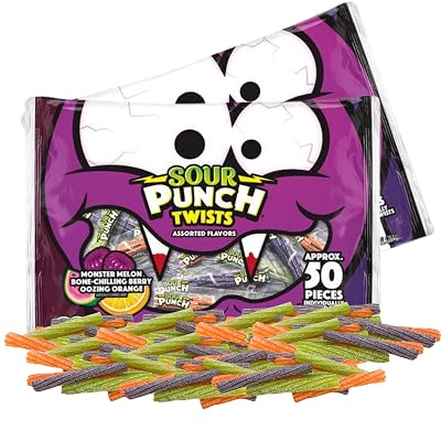 Sour Punch Twists Assorted Flavors Halloween Themed Candies, Bag of Individually Wrapped Fruit Flavored Trick or Treating Candy, 2 Bags of 50 Pieces, 100 Total