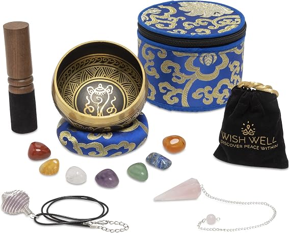 Wish Well 4" Tibetan Singing Bowl Set with 7 Chakra Stones & Pendulum | Singing Bowl Set with Crystals, Pendulum, Case, Cushion & Mallet, Handcrafted in Nepal for Meditation, Yoga & Mindfulness