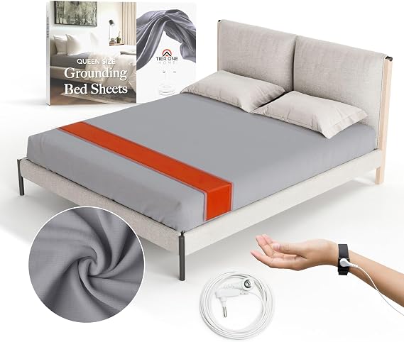 Fitted Grounding Sheets for Earthing, 5% Silver Fiber + 95% Certified Organic Cotton for Better Sleep and Pain Relief. Deep Pockets. Includes Grounding Wristband & Cords (Queen)