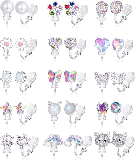 Tornito 10-15 Pairs Clip on Stud Earrings Non Pierced Teardrop Round Square CZ Pearl Twist Knot Flower Butterfly Heart Star Rainbow Cat Opal Clip on Earrings for Women