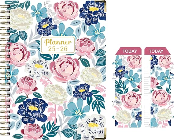 Daily Planner 2025-2006, Weekly & Monthly Planner,July 2025 - June 2026 Day Planner, 6.2 x 8.25 Flexible Cover,Wirebound Note Pages with Monthly Tab, Back Pocket, Premium Paper,(Flower B08)