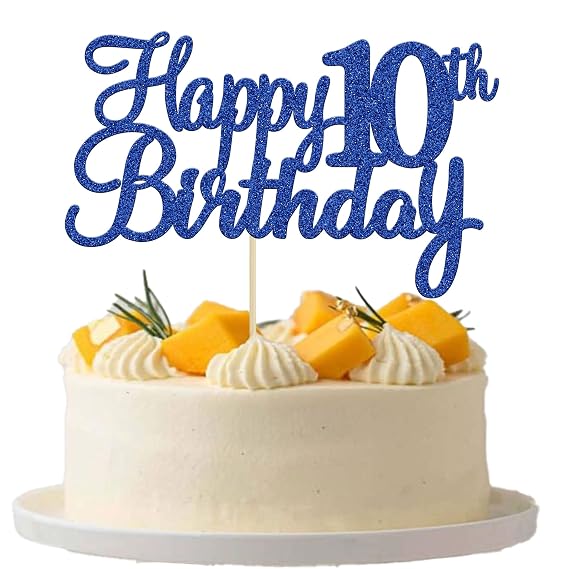 Gyufise 1Pc Happy 10th Birthday Cake Topper Blue Glitter 10th Birthday Cake Pick Cheers to 10 Years Old Ten Fabulous Cake Decorations for 10th Birthday Theme Party Supplies