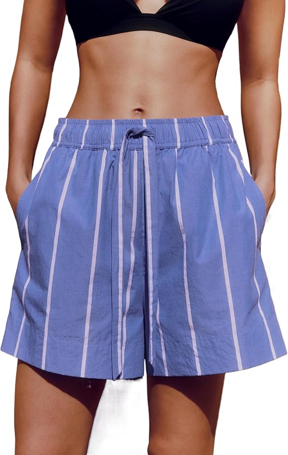 Anoumcy Cotton Striped Boxer Shorts for Womens Summer Beach High Waist Going Out Shorts with Pockets