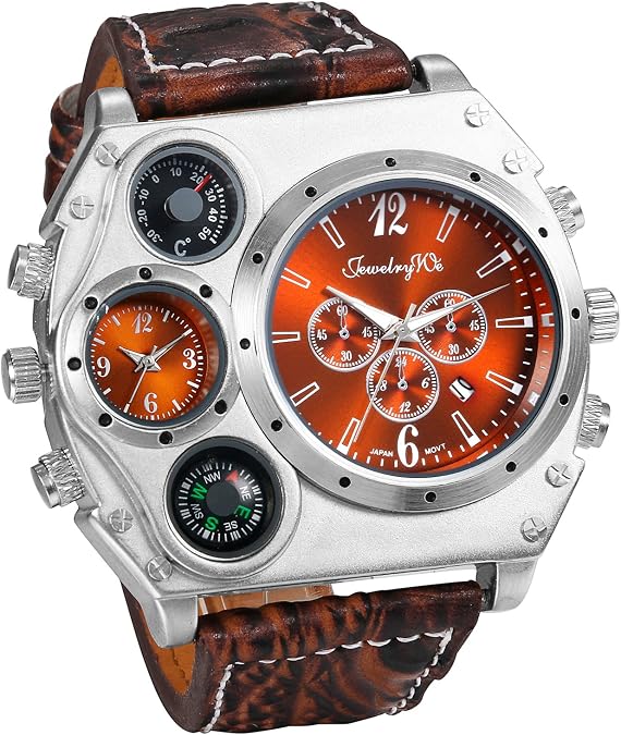 JewelryWe Mens Military Wrist Watch Large Face Two Time Zone Brown Leather Strap Analog Display Men Watch for Father's Day