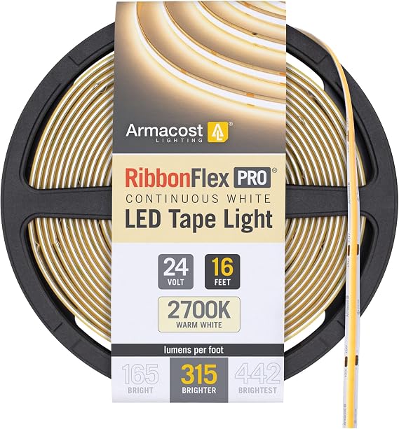 Armacost Lighting RibbonFlex Pro 24V White COB LED Strip Light Tape 2700K, 315 Lumens/Ft, 5M 172130
