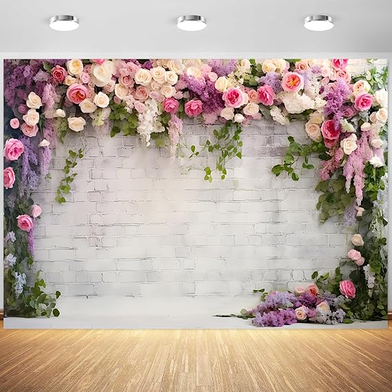9x6ft Wedding Backdrop Rustic White Brick Wall Flowers Photography Background Bridal Shower Wedding Party Adults Portraits Decoration Supplies Photo Booth Props