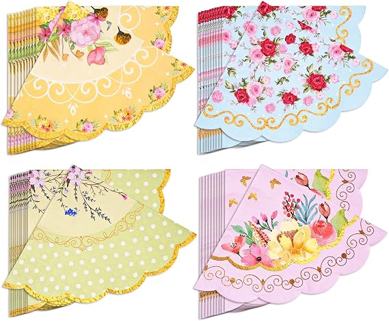 Floral Tea Party Napkins, 100 pcs Scalloped Guest Flower Paper Napkins