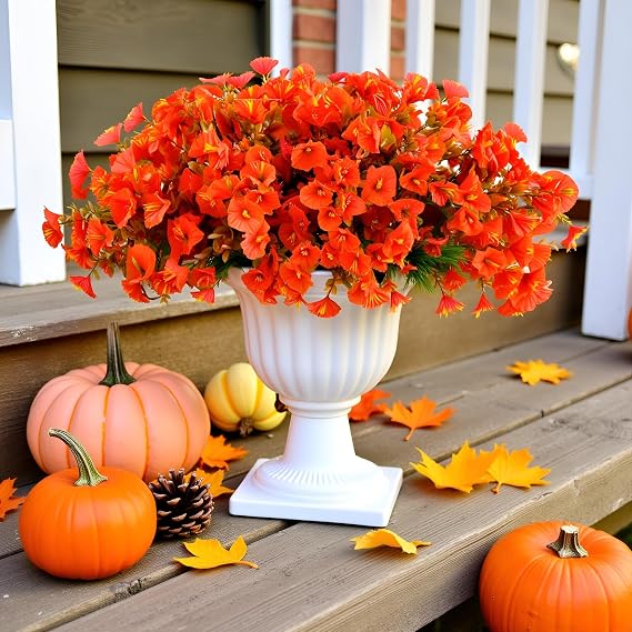 Artificial Fall Flowers for Outdoors Fake Mums Petunias Plants, 16 Bundles Faux Orange Morning Glory Flower Plants UV Resistant No Fade for Home Autumn Garden Thanksgiving Porch Patio Autumn Decor