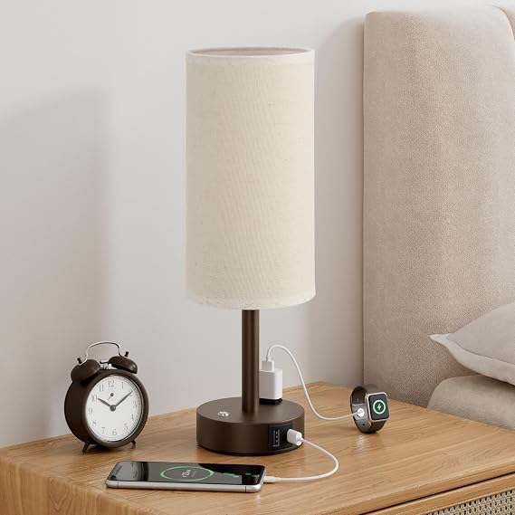 Brown Touch Bedside Lamp for Bedroom, Stepless Dimmable, USB A+C, AC Outlet