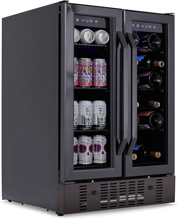 NewAir 24" Dual Zone Beverage Refrigerator & Wine Cooler for 18 Bottles & 58 Cans | Freestanding or Built-In Under Counter Mini Fridge for Beer, Wine and Soda | Black Stainless Steel
