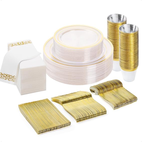 BESTVIP 175 PCS Clear Gold Plastic Plates and Silverware Set Disposable