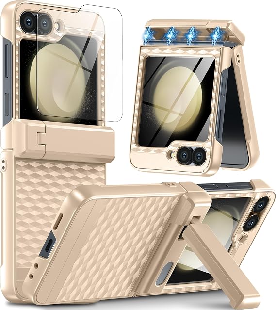 Oterkin for Samsung Galaxy Z Flip 6 Case with [Semi Auto Spring Sliding Hinge Protection][Foldable Invisible Stand][Built-in Front Screen Protector] Military Full Body Guard Z Flip 6 Case (Gold)