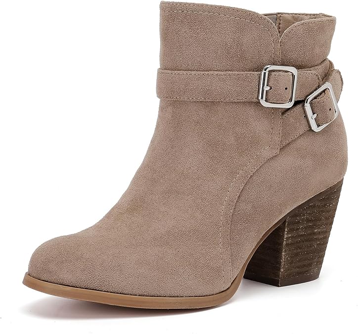 Luoika Women's Wide Width Ankle Boots - Black Brown Short Boots Block Low Heel Side Zipper Booties.