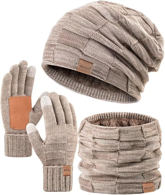 Mens Hat Scarf and Gloves Set Winter, Thick Thermal Fleece Lined Slouchy Beanie Neck Warmer Scarves Touchscreen Gloves, 3 in 1 Warm Set for Cold Weather(Khaki)