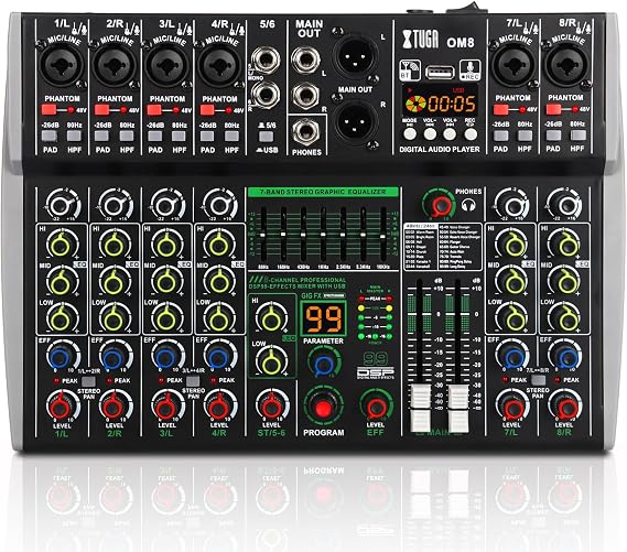 XTUGA Audio Mixer 8 Channel for PC, DJ Sound Board with Stereo EqualizerPADHPF, USBBluetooth48V Phantom Power for Karaoke Party Studio Streaming RecordingOM8