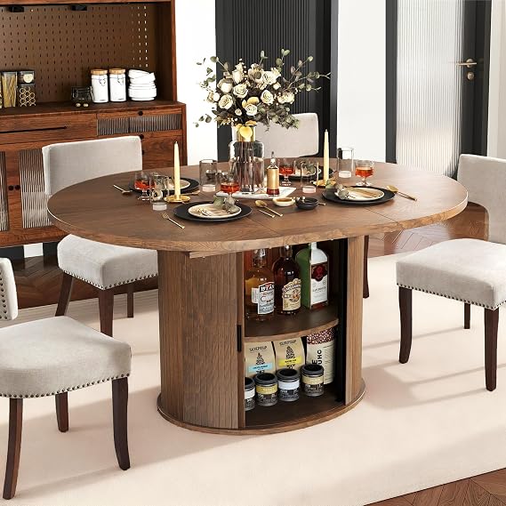 43-59" Extendable Round Dining Table with Storage for 4-6,Brown