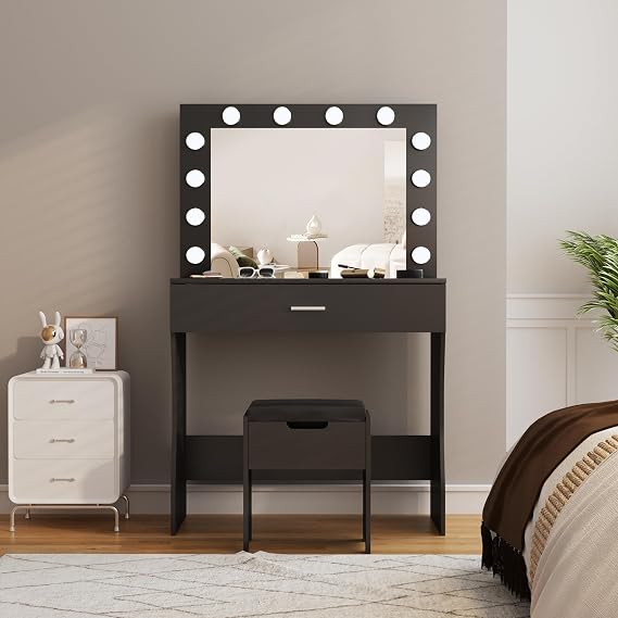 Halitaa Vanity Desk with Mirror and Lights, Adjustable Brightness, Black Vanity Table Set with Storage Drawer,Makeup Vanity Set with Cushioned Chair
