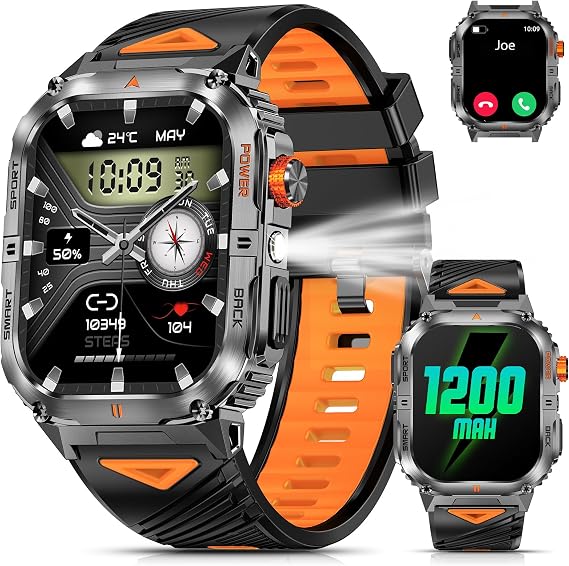 Military Smart Watch for Men with 1200mAh Long Battery Life, 2.0" Large Screen, Bluetooth Calling, LED Flashlight, IP68 Waterproof, 110+ Sports Modes, Heart Rate/Sleep Monitor for Android & iPhone