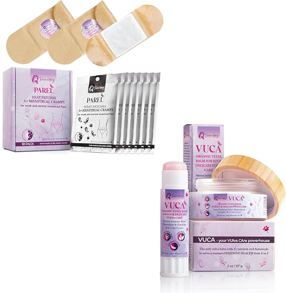 Heat Patches for Menstrual Cramps Based on Flow Strength, 10 Stick On Period Patches for Weak & Normal Flow + Vulva Balm (2 pcs Bundle: 2 + 0.5 oz); Vulva Cream; Intimate Vulva Moisturizer for Women