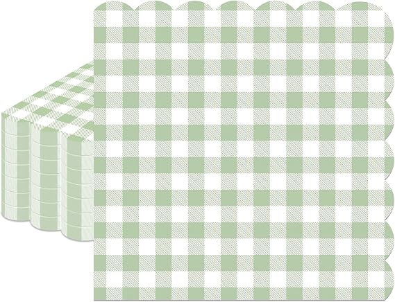 100 Pcs Sage Green Gingham Napkins Disposable, 6.5 Inch Sage Green and White Paper Napkins Scalloped Checkered Napkins for Bridal Shower Birthday Wedding Picnic Party Supplies