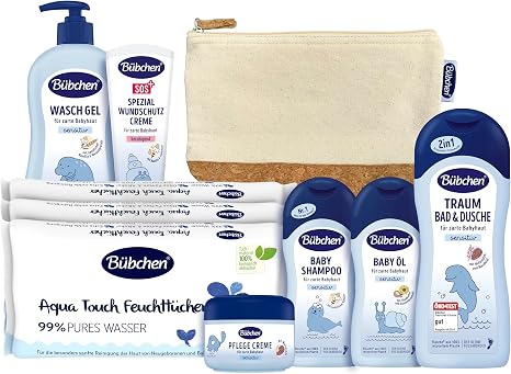 Bübchen Newborn Baby Care Kit 7 Piece Gift Set - Baby Products Gift Set from Mild Shampoo to Nourishing Wound Protection Cream Silicone-Free
