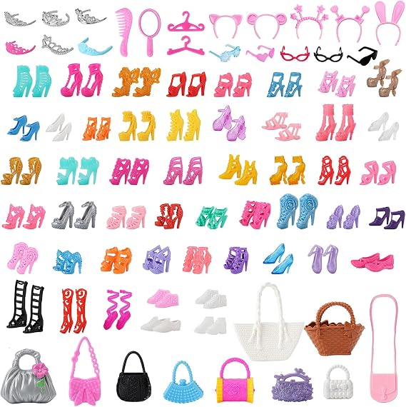 80 Pcs Doll Accessories Including 50 Pair of Doll Shoes High Heels, Boots, Sneakers 5 Headband 5 Glasses 10 Bag 6 Crown 2 Hangers Comb Mirrow for 11.5 inch Girl Dolls Birthday Present for Girls