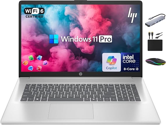 HP 17 Laptop 2025 Business Student, AI Copilot, 17.3" HD+ Computer, 8-Core Intel i3 CPU, 16GB RAM, 1TB Storage (512GB SSD + 500GB Ext), Wi-Fi 6, MarxsolAccessory, Lifetime Office 2024, Win 11 Pro