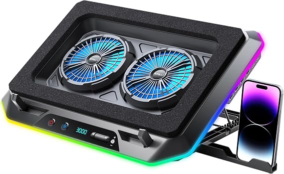 KYOLLY RGB Gaming Laptop Cooling Pad with Two Turbo Fan 3000RPM, Rapid Cooling for 15.6-19.3" Laptops, Variable Speed Control, 6 Adjustable Heights,10 RGB Lighting Modes,4 Hub