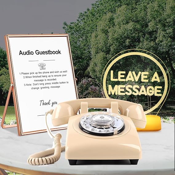 Premium Audio Guest Book Telephone with Free LED Wedding Sign and A5 Vertical Photo Frame | Vintage and Retro Style Audio Guestbook | Rotary Phone with Audio Record Voice Messages (Beige)