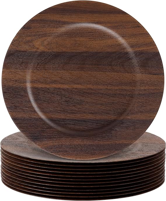 Mifoci 12 Pcs Faux Wooden Charger Plates 13 Inch Round Rustic Plastic Plates Antique Design Bulk Decorative Chargers for Dinner Tray for Wedding Dinner Table Farmhouse Party Event (Dark Brown)