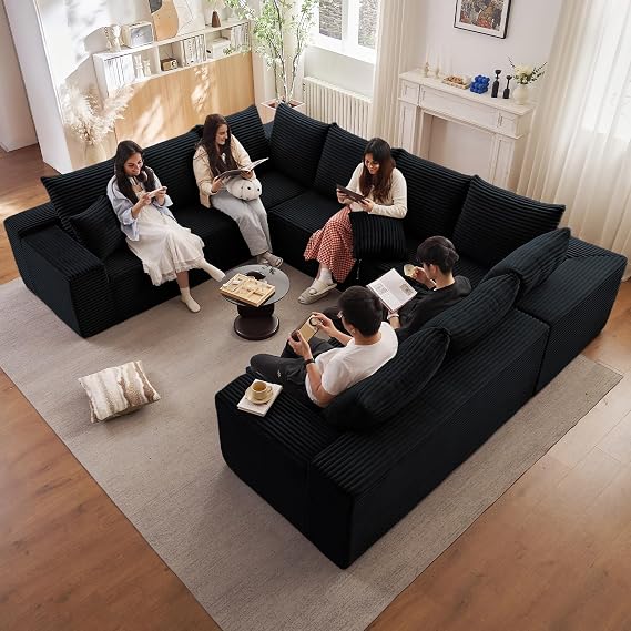 Cloud Modular Sectional Sofa for Living Room, 139.7x110 Oversized U-Shaped Couch with 12 Pillows, Big Comfy Couches Set, Fluffy Deep-Seat Corduroy Sofa, No Assembly (Large U-Shaped, Jet Black)