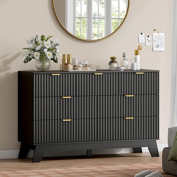 Wodeer 7 Drawer Fluted Dresser for Bedroom, Mid Century Modern Dresser with 7 Drawers, Dressers & Chests of Drawers with Metal Handle, TV Stand & Storage Organizer for Entryway, Hallway, Black