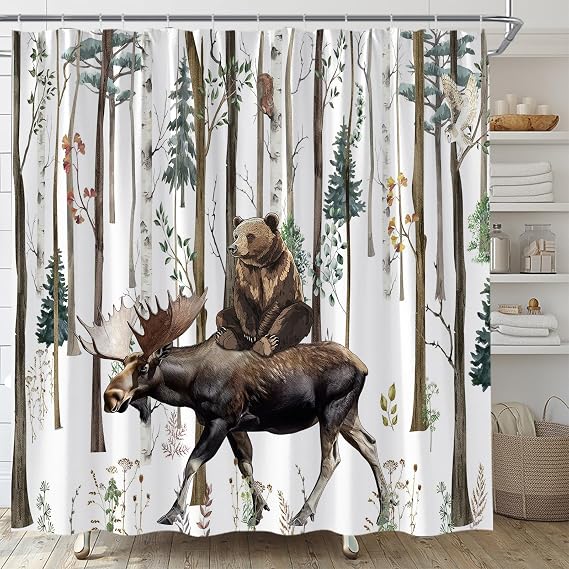 Rustic Bear Shower Curtain Funny Deer Forest Tree Hunting Lodge Adventure Cabin Camping Farmhouse Country Rural Wildlife Animal Moose Vintage Brown Gray Bathroom Decor 70WX78H in with Hook