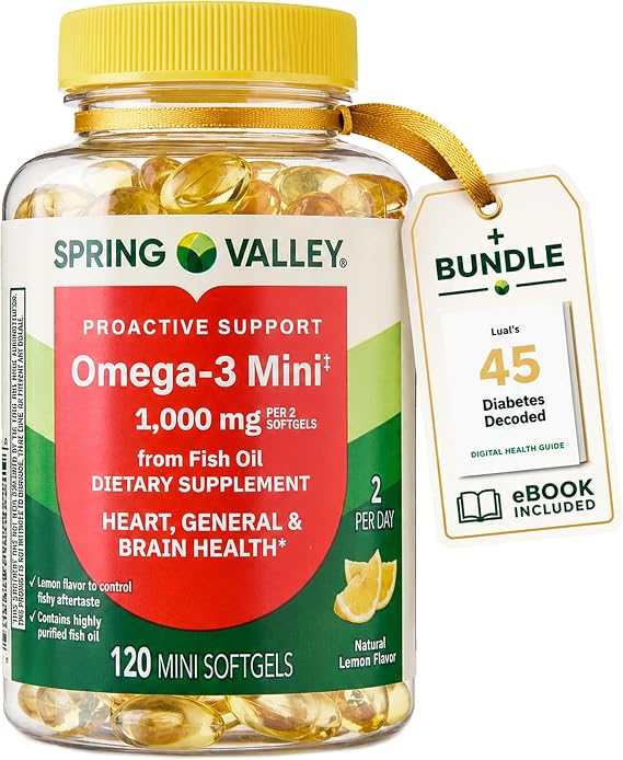 Spring Valley Omega-3 Mini from Fish Oil 1000 mg, 120 Count, Dietary Supplement, Omega 3 Mini Softgels Bundle with Luall's 45 Diabetes Decoded